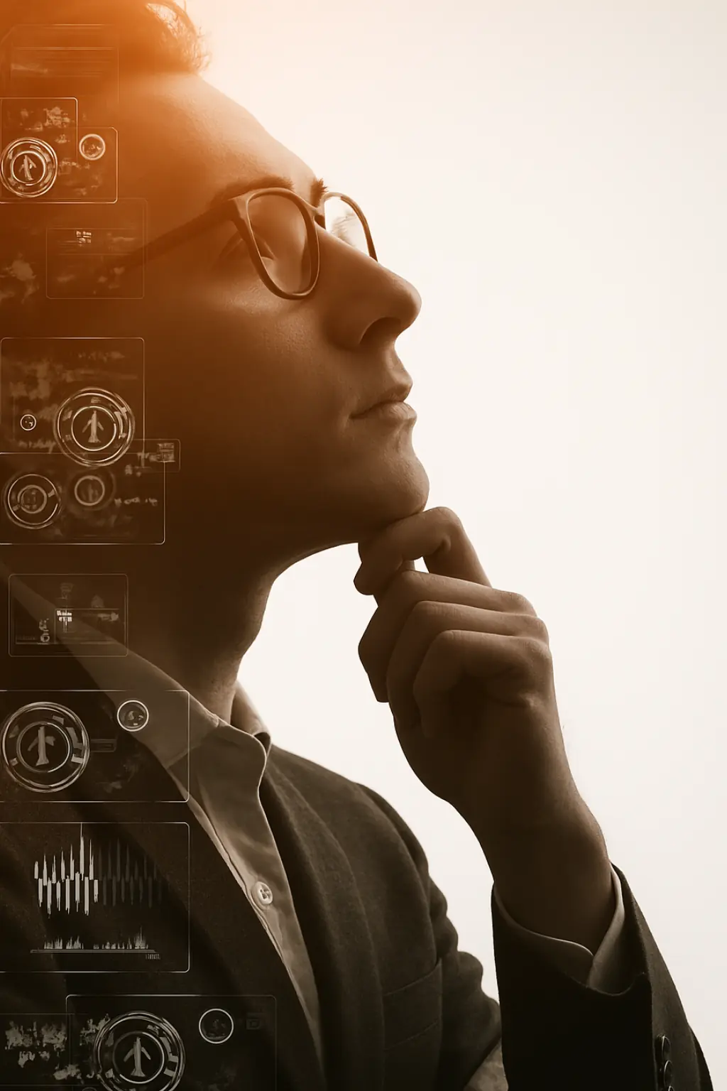 Man contemplating futuristic technology interface.